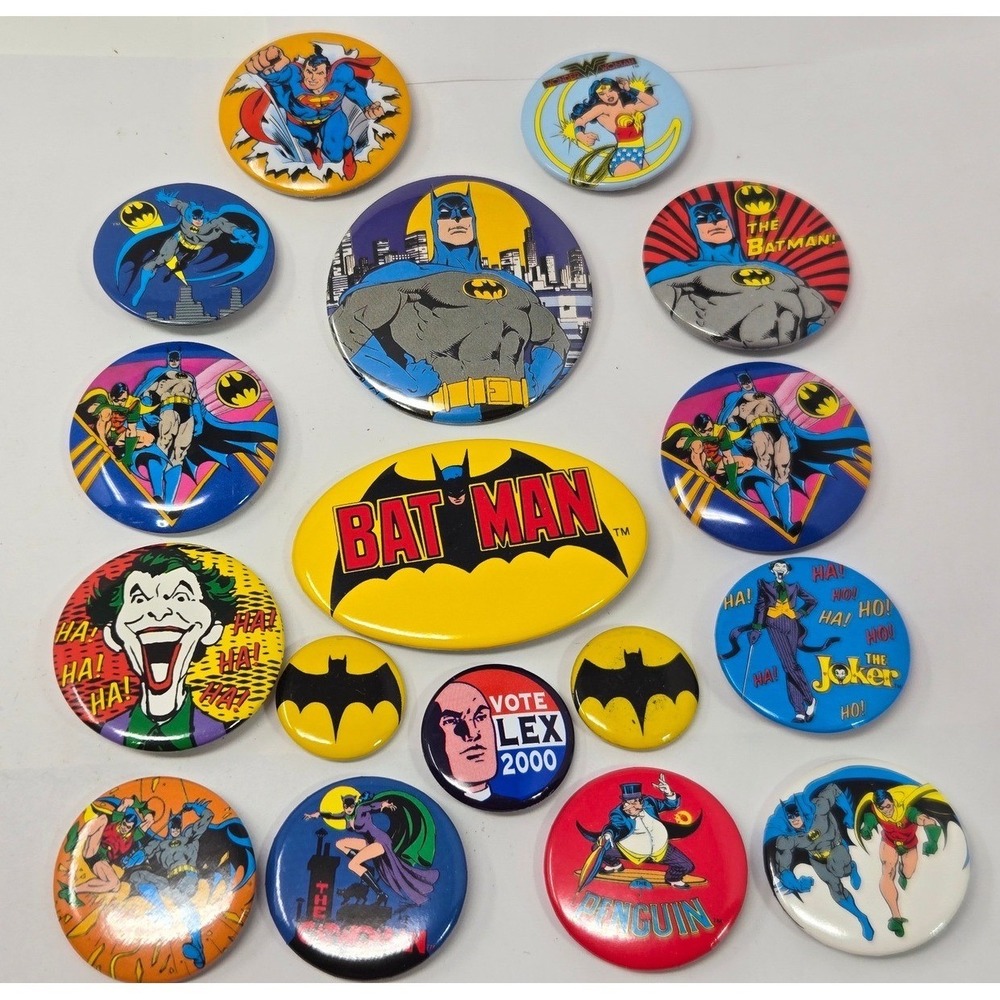 Vintage DC Comics Button Lot Batman Joker Superman Wonder Woman Pinback 16pc